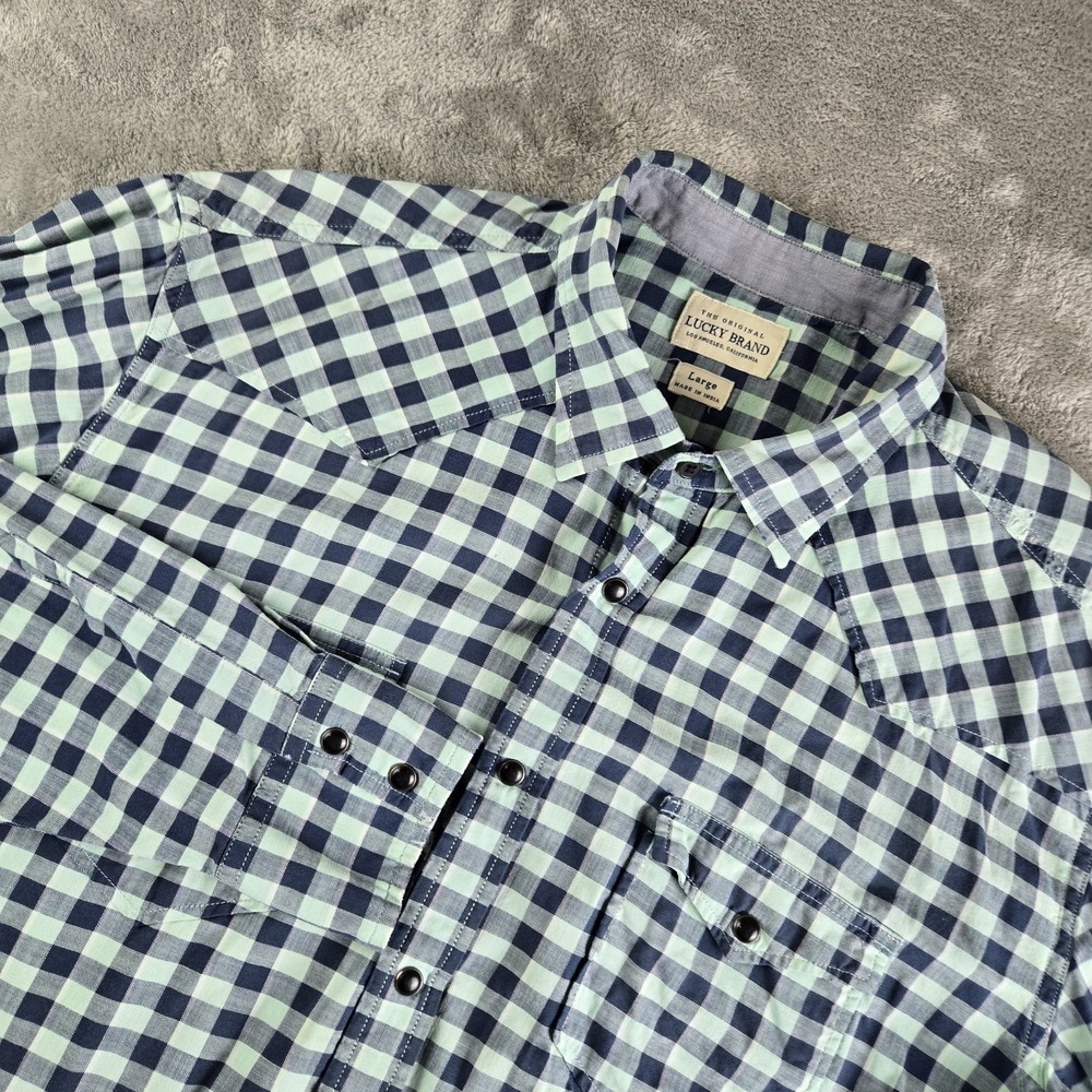 Lucky Brand Shirt Mens Large Blue Turquoise‎ Checkered Pearl Snap Long Sleeve